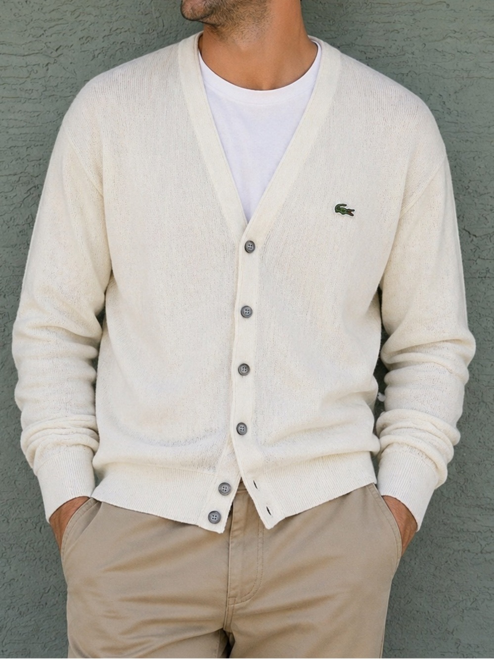 Lacoste Cardigan Sweater Men's Size M Cream/Ivory V-Neck Button Front
